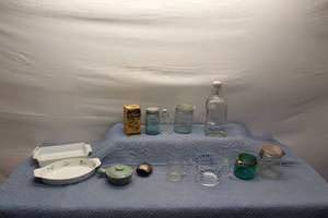 lot 350 image: Collection of Vintage Glass Jars, Bakeware, and Kitchen Utensils
