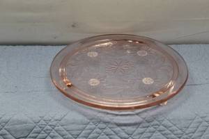 lot 369 image: Vintage Pink Depression Glass Cake Stand with Floral Design