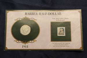 lot 373 image: 1911 Barber Half-Dollar Coin with New York Public Library Stamp