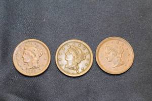 lot 374 image: Set of 3 Vintage 1855-1856 Coronet Head Pennies