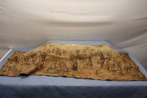 lot 382 image: Vintage Tapestry Wall Hanging with Trading Scene