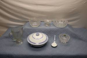 lot 15 image: Mixed Set of Crystal and Ceramic Serving Dishes with Soup Tureen