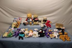 lot 24 image: Collection of 16 Vintage Plush Toys Including Bears and Dolls