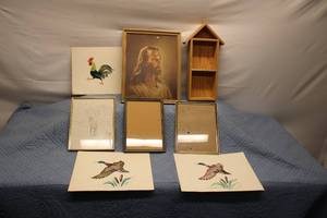 lot 25 image: Collection of Vintage Framed Art Prints, Including Rooster and Duck Illustrations