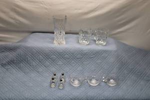 lot 30 image: Vintage Crystal and Glassware Collection including 2 Mugs, 4 Salts, 3 Cups, and Tall Vase