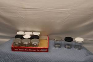 lot 32 image: Set of 10 Clear 8oz Screw Top Storage Jars with Assorted Lids