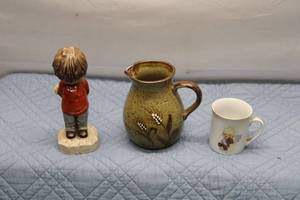 lot 33 image: Vintage Decorative Items Boy Figurine, Stoneware Pitcher, and Cup
