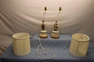 lot 36 image: Pair of Vintage Table Lamps with Figurine Bases and Shades