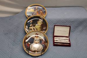 lot 51 image: Set of 3 Norman Rockwell Decorative Plates and American Silversmiths Collection Cake Server Set
