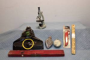 lot 72 image: Mixed Lot of Vintage Tools and Equipment including Microscope, Measuring Devices, and More