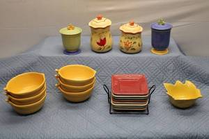 lot 86 image: Vintage Hand-Painted Ceramic Dish Set with Bowls and Lidded Canisters
