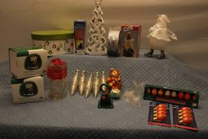 lot 92 image: Collection of Holiday Decor Items Including Ornaments, Night Light, and Decorative Figures