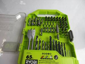 lot 25 image: RYOBI Screwdriver Drill and Impact Drive Bit set (63-Piece) Drive Bits A986501 (2 PIECES MISSING) USED