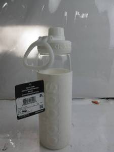 lot 65 image: adidas 720 Ml (24 Oz) Squad Refillable Glass Water Bottle, White, One Size DIRY ON OUTSIDE, HAS PINK STAIN, NEW