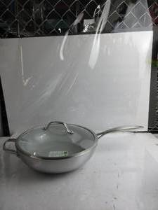 lot 67 image: GreenPan Venice Pro Tri-Ply Stainless Steel Healthy Ceramic Nonstick 12 Wok Pan with Helper Handle and Lid, PFAS-Free, Multi Clad, Induction, Dishwasher Safe, Oven Safe, Silver OPENDAMAGED BOX, NEW
