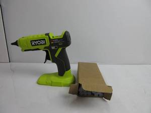lot 85 image: RYOBI 18V ONE Glue Gun Kit - 10 GLUE STICKS, TOOL, BATTERY, CHARGER ONLY  TESTED, WORKS, NEW, NO BOX