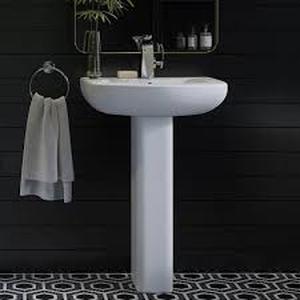lot 8 image: Swiss Madison Modern White Ceramic Rectangular Chateau Pedestal Bathroom Vessel Sink with Round Single Faucet Hole   Customer Returns See Pictures