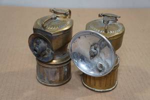 lot 28 image: 2 Vintage Justrite Carbide Miners Cap Lamps