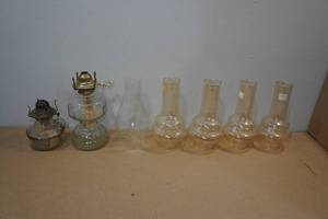 lot 288 image: Antique Glass Pedestal Oil Lamps with Replacement Chimneys