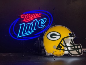 lot 10 image: Miller Lite, Green Bay Packers football helmet, neon
