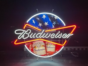 lot 15 image: Budweiser Beer with neon bowtie and U.S. flag