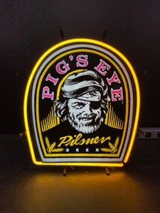lot 37 image: Pigs Eye Beer tombstone neon, with Pigs Eye Pete