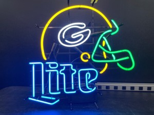 lot 54 image: Miller Lite, Green Bay football helmet, Green Bay Packers NFL, neon