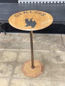 lot 170 image: Genesis keg end bar table with 3 antique bottles, including 1 Schlitz