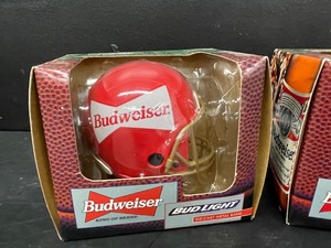 lot 183 image: Qty 2, Bud and Bud Light football helmet, locking, die-cast metal banks, NIB