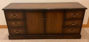 lot 2 image: Indiana Desk Co. Wood Credenza  (MUST BRING HELP TO LOAD) 66 L x 20 W x 29 12 T (Finish Crazed On Top)