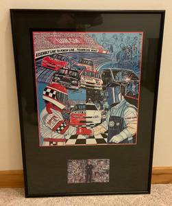 lot 3 image: 1997  Framed Behind Glass Signed  (Sam Bass)  UAW GM Auto Racing Poster NASCAR Corn Flakes Dupont HotWheels 25 x 35 12