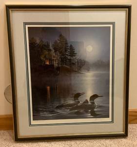 lot 14 image: Framed Behind Glass James Meger Artist Proof 37150 Loons In The Moonlight 26 x 29 12