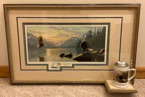 lot 15 image: Framed Behind Gkass Pencil Signed Pencil Signed Frank Mittelstadt  Dinner For Two Eagle Print 40144 23 x 36 With Signed Stein Limited Editiion 40144