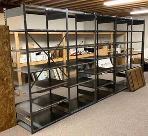 lot 38 image: Metal Shelves With 4 Extra Shelves (BUYER MUST BRING TOOLS & HELP TO DISASSEMBLE) 182 L x 84 T x 23 12 W