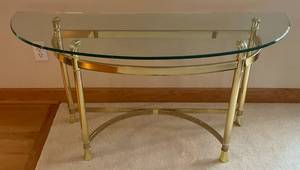lot 45 image: Small Brass & 38 Glass Top Half Moon Table 49 12 L x 17 12 W x 25 T