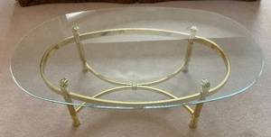 lot 46 image: Small Brass & 38 Glass Top Oval Coffee Table 49 L x 28 W x 15 T