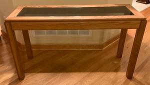 lot 70 image: Oak Glass Top Long Table 48 L x 27 H x 17