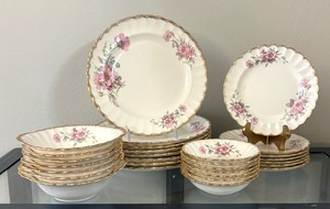 lot 19 image: American Limoges Wild Rose 22k Gold Accented China Grouping