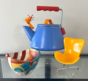 lot 46 image: Michael Graves The Ferris Kettle Teapot, Decorative Bowl and Mini Chair