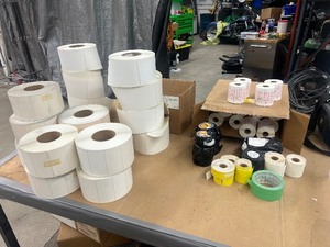 lot 121 image: TABLE FULL OF LABELS  4 X 2, 4 X 11, 2-516 X 4, 1-18 X 3-12, 4 X 8