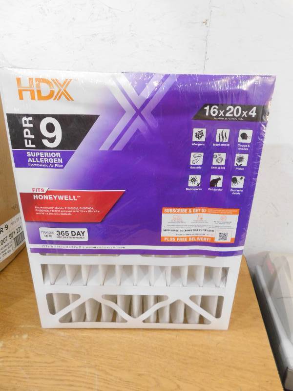lot 69 image: (5) HDX 16 in. x 20 in. x 4 in. Honeywell Replacement Pleated Air Filter FPR 9, MERV 13