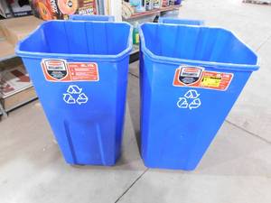 lot 42 image: (2) Rubbermaid Roughneck 45 Gal. Vented Blue Wheeled Recycling Trash Container