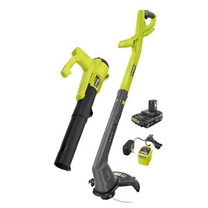 lot 51 image: RYOBI ONE 18V Cordless String TrimmerEdger and BlowerSweeper Combo Kit (2-Tools) with 2.0 Ah Battery and Charger