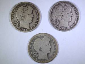3 - Barber Half Dollars 1895,1904,1913