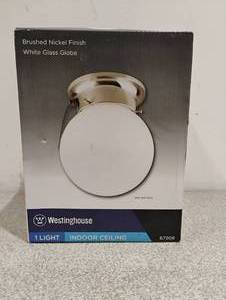 lot 89 image: NEW WESTINGHOUSE BRUSHED NICKEL FINISH WHITE GLASS GLOBE