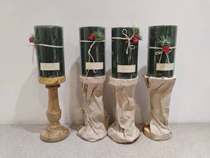 lot 120 image: 4 THRESHOLD HOLIDAY BALSAM FOREST RIBBED PILLAR CANDLE HOLDERS