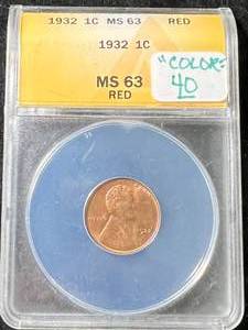lot 10 image: 1932 US WHEAT CENT ANACS MS63 RED