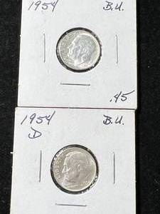 lot 21 image: 2 BU US ROOSEVELT DIMES 1954 1954-D