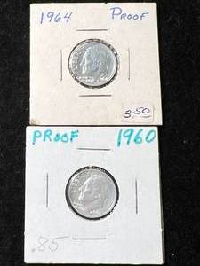 lot 35 image: 2 PROOF US ROOSEVELT DIMES 1960 1964