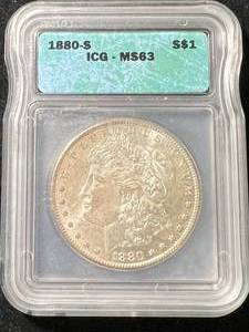 lot 44 image: 1880-S US MORGAN SILVER DOLLAR ICG MS63